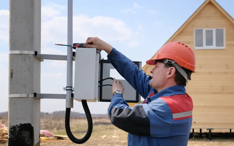 Técnico instalando a caixa de medição num poste padrão, com uma obra ao fundo